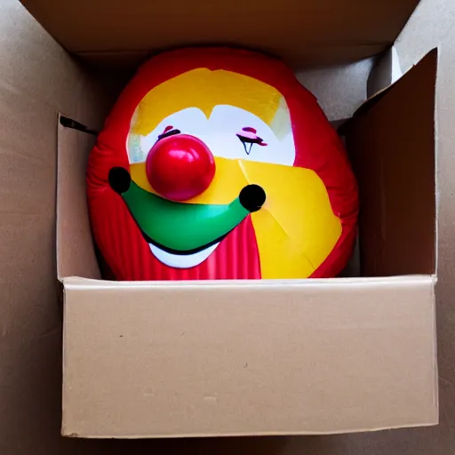 Image similar to a cardboard box opened up with a clown face popping out of it, realistic, the name wbnl on it