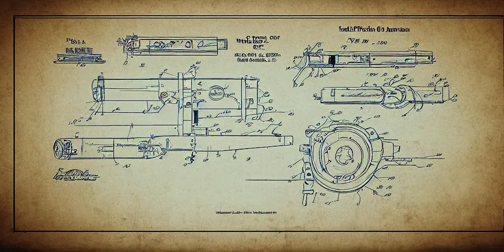 Image similar to portal gun patent blueprint, paper, engineered, 8 k, highly technical, production ready, from portal the game,