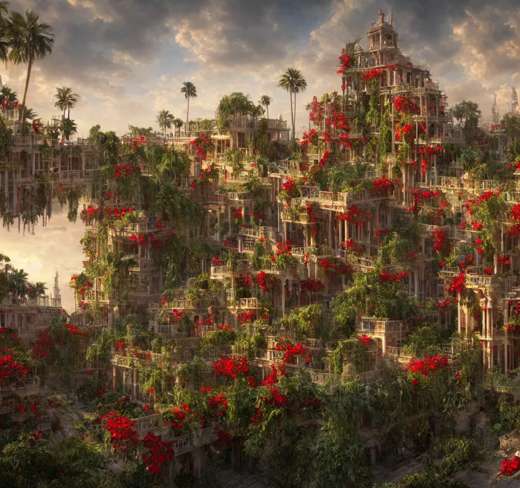 Prompt: 3 d render of the hanging gardens of babylon by greg rutkowski, victorian castle, golden ornaments, red flowers, reflective water, cranes, cg society, hyper detailed, dramatic, epic painting, sunset clouds, 8 k