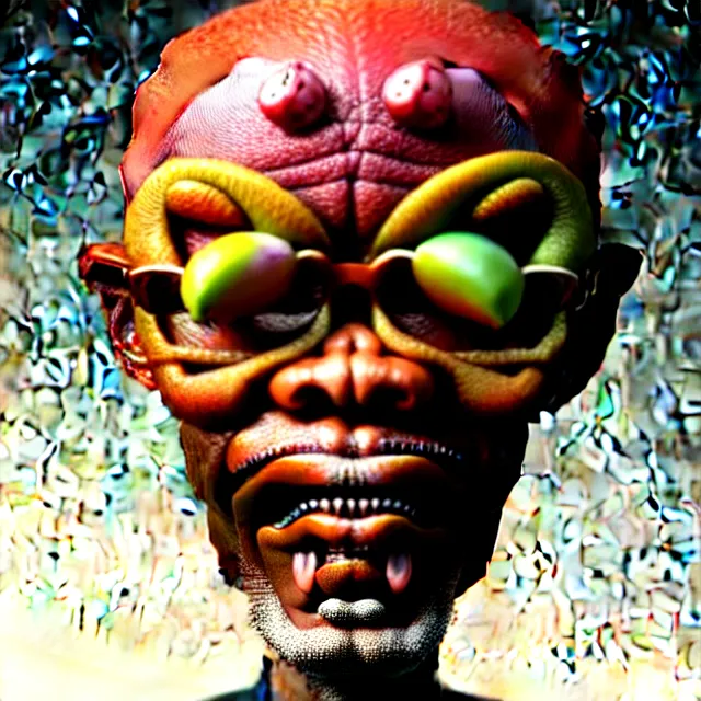 Image similar to bizarre fruit figurine that looks just like samuel l jackson by naoto hattori 8 k, fruit eyes, fruit world, beautiful intricate painting, hyper realistic, octane render