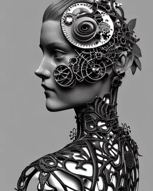 Prompt: monochrome 3 d model, 1 8 9 0 picture, silver lace floral steampunk biomechanical beautiful young female cyborg with porcelain profile face and a techno eye, volumetric light, leaves foliage and stems, hibiscus flowers, sinuous fine roots, fine foliage lace, alexander mcqueen, rim light, big gothic fashion pearl embroidered collar, octane render, 8 k