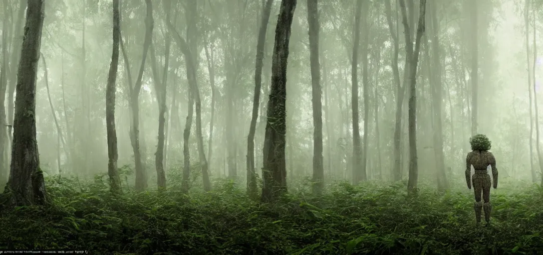 Image similar to a complex organic fractal 3 d ceramic humanoid megastructure in a lush forest, foggy, cinematic shot, photo still from movie by denis villeneuve