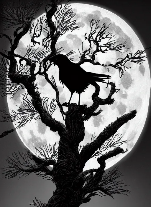 Image similar to crow on tree in front of the full big moon, dramatic lighting, cinematic, establishing shot, extremely high detail, foto realistic, cinematic lighting, pen and ink, intricate line drawings, by Yoshitaka Amano, Ruan Jia, Kentaro Miura, Artgerm, post processed, concept art, artstation,