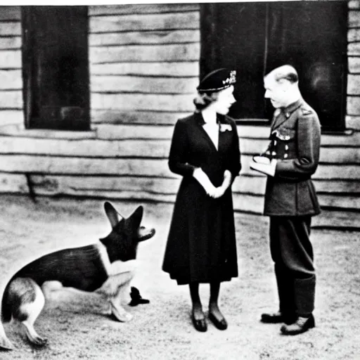 Image similar to 5 0 mm 1 9 4 6 historical photo, of a single german general and a young queen elizabeth signing a peace treaty, a cute corgi watches, french village interior, highly detailed, sharp focus, symmetrical face