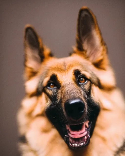 Prompt: An extremely wholesome studio portrait of a happy German Shepherd dog, bokeh, 90mm, f/1.4