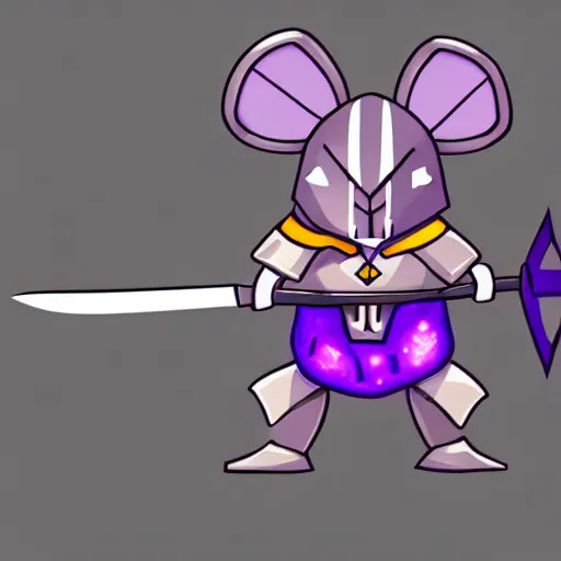 Prompt: armored mouse warrior holding a sword reaches for a purple crystal, trending on Artstation, Minimal Illustration, Sticker, Flash