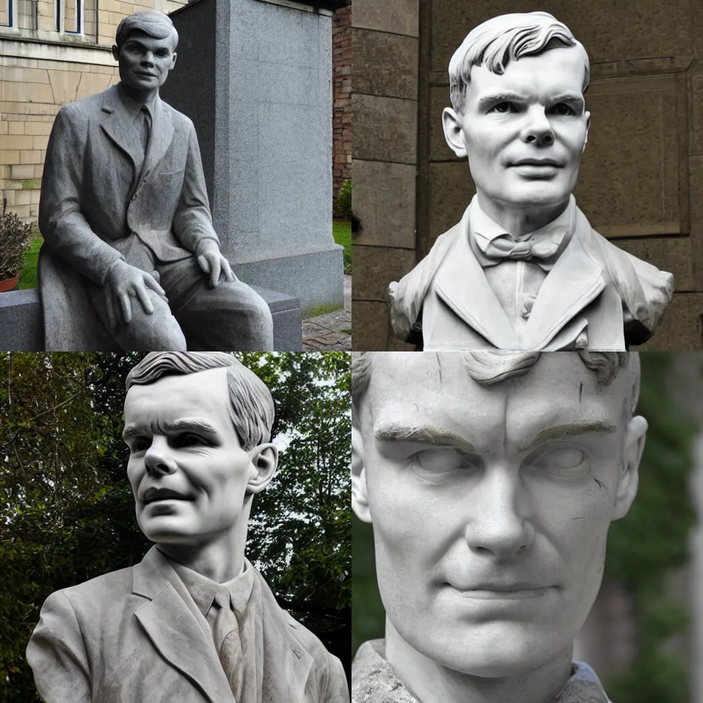 Prompt: A marble statue of Alan Turing photograph Roman close angle