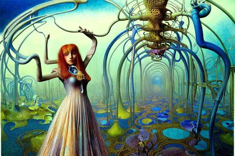 Image similar to realistic extremely detailed portrait painting of alice in wonderland, futuristic sci-fi landscape on background by Jean Delville, Amano, Yves Tanguy, Ilya Repin, Alphonse Mucha, Ernst Haeckel, Edward Robert Hughes, Roger Dean, rich moody colours, blue eyes