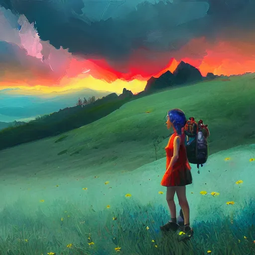 Image similar to giant daisy flower head, girl hiking in the mountains, surreal photography, sunrise, dramatic light, impressionist painting, colorful clouds, digital painting, artstation, simon stalenhag