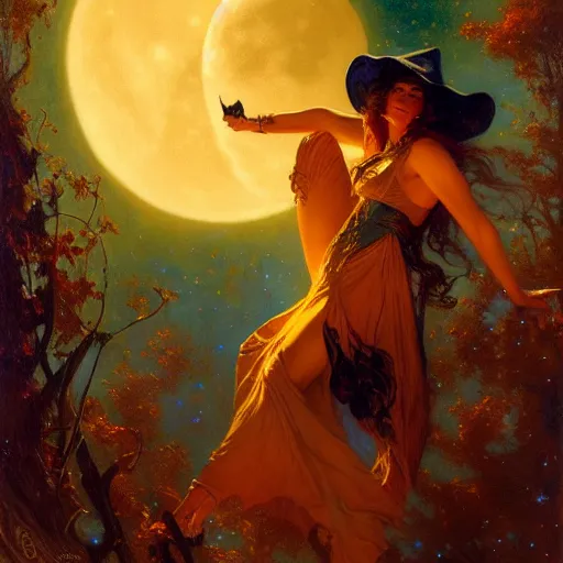 Image similar to attractive witch magically flying trough the night, fantasy, full moon in background. highly detailed painting by gaston bussiere, craig mullins, j. c. leyendecker 8 k