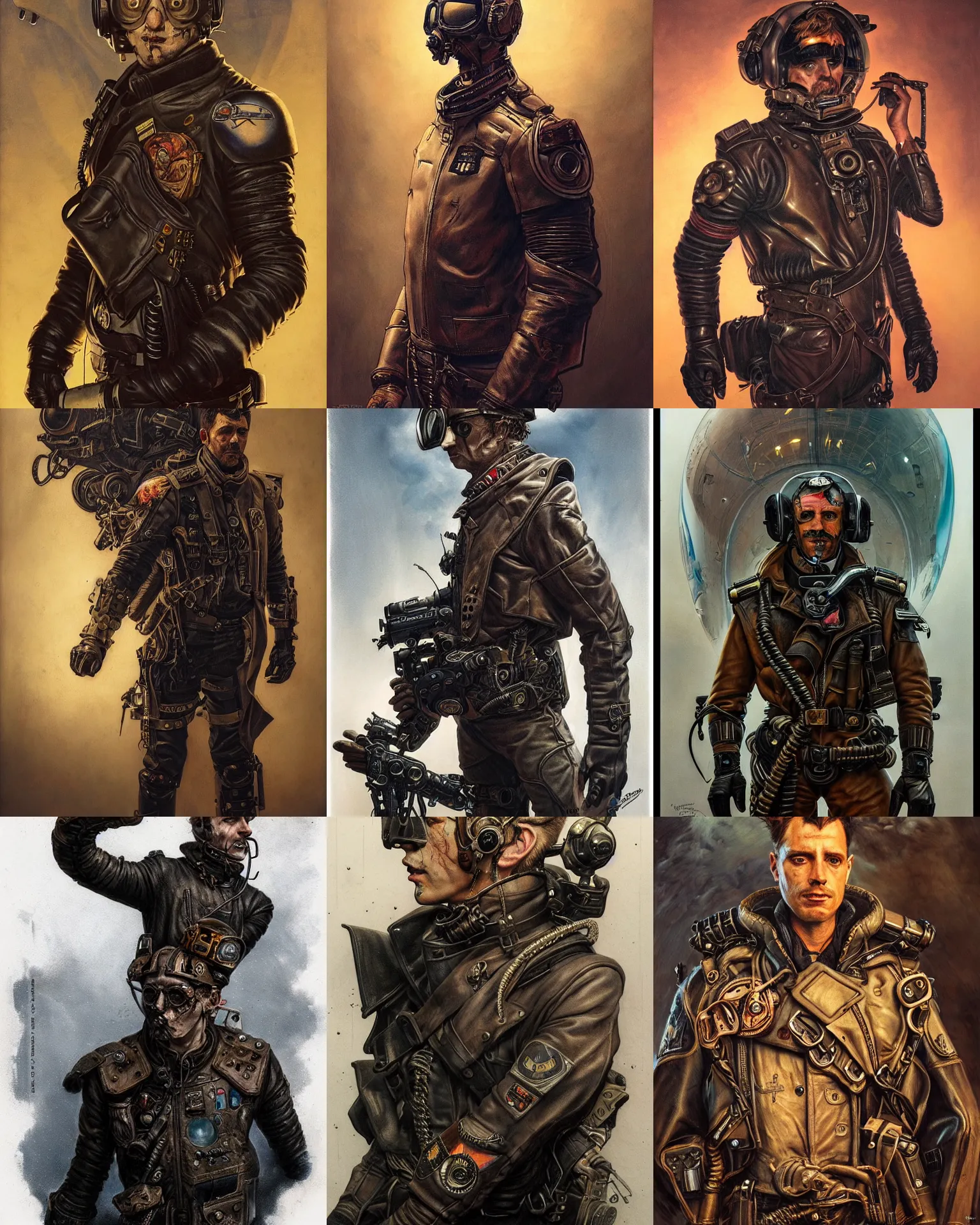 Prompt: portrait, d, grizzled, scarred, victorian retro - futurist pilot, leather pilots uniform, epic composition, by diego gisbert llorens and donato giancola, regal, dramatic lighting, shadowed, mysterious, tattoos, intricate, hyper realistic, hyperdetailed, centered, cinematic
