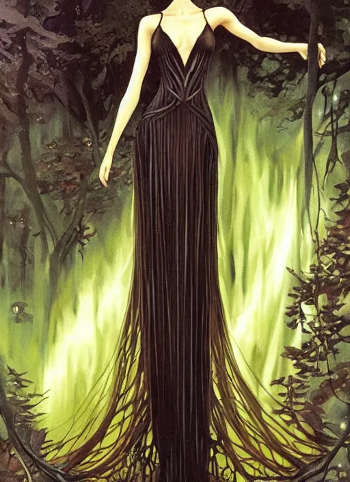 Image similar to slender sylph queen, black iron crown, diamond shimmering dress, strong line, deep color, forest, beautiful! coherent! by boris vallejo, by brom