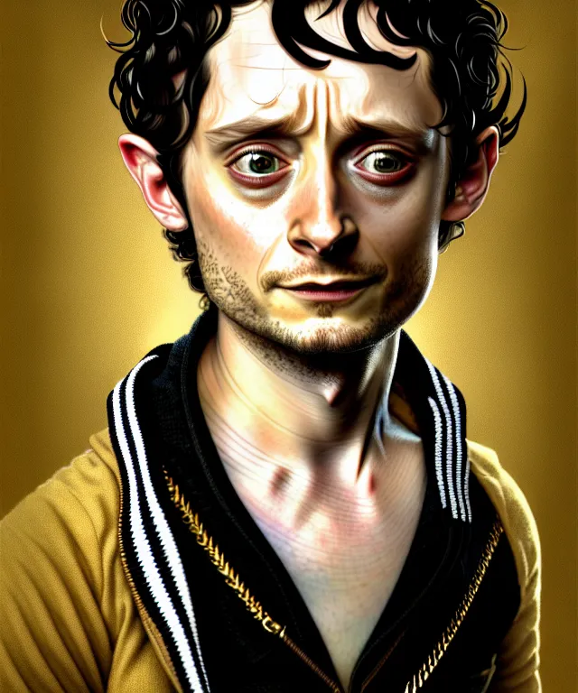Image similar to a detailed fifty mm portrait of elijah wood as frodo hobbit in a black adidas track suit with white stripes, gold chains, headshot, caricature, highly detailed, digital painting, artstation, concept art, sharp focus, cinematic lighting, illustration, art by met mangindaan, artgerm and greg rutkowski, alphonse mucha, cgsociety - no cameron