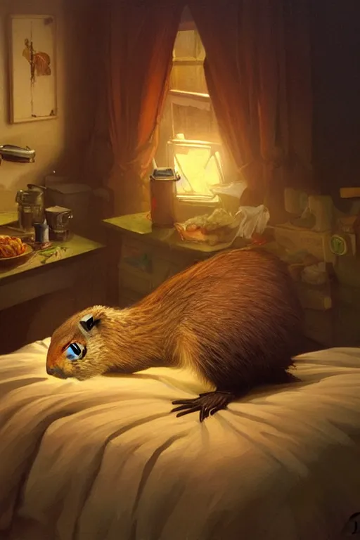 Prompt: groundhog cooking meth lies on the bed, realistic portrait, highly detailed, digital painting, artstation, concept art, smooth, sharp focus, illustration, cinematic lighting, art by artgerm and greg rutkowski and alphonse mucha