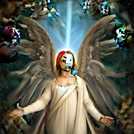 Image similar to renaissance painting portrait of white angel with clean narrow face like noface, 3 / 4, miracle light coming up from the head!!!!!! up and up!!!!!!, misty space, grace and blessing, by gucci maze, christianity, marble stone, glow effect, white background
