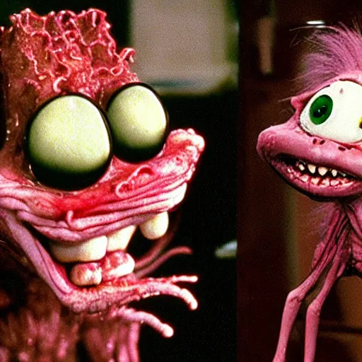 Image similar to b - grade horror film budget production a very strange creature made of cronenberg ren & stimpy