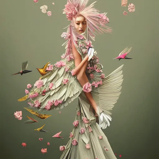 Image similar to 3 / 4 view of a beautiful girl wearing an origami dress, eye - level medium shot, fine floral ornaments in cloth and hair, hummingbirds, elegant, by eiko ishioka, givenchy, carl - gustav carus, by peter mohrbacher, centered, fresh colors, origami, fashion, detailed illustration, vogue, japanese, reallusion character creator