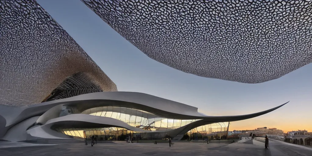 Prompt: extremely detailed ornate stunning sophisticated beautiful elegant futuristic museum exterior by Zaha Hadid, stunning volumetric light, sunset, concrete ant translucent material, stunning skies, 8k dragonfly structural pattern