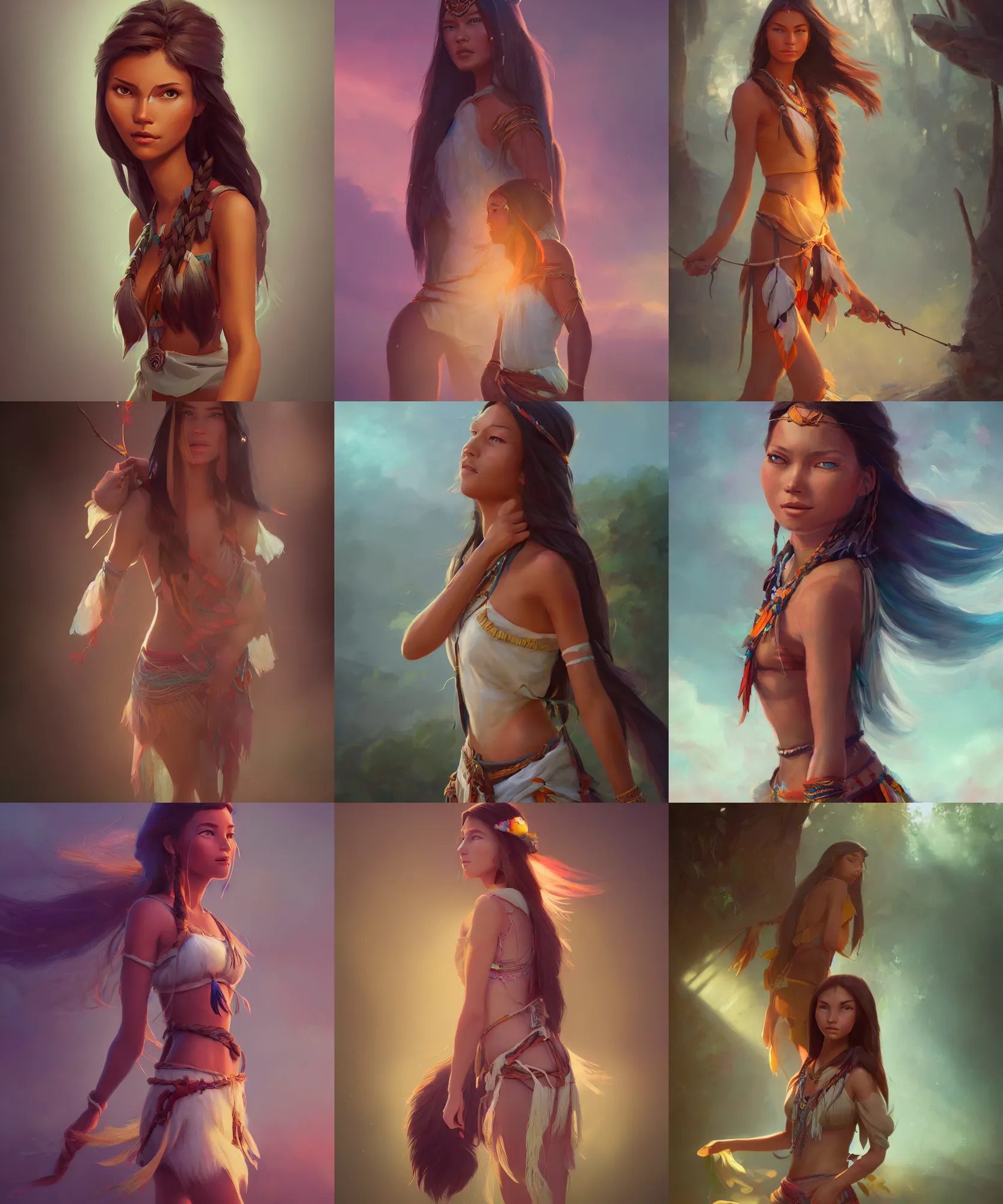 Prompt: barefoot pocahontas girl, by wlop and jovana rikalo and nick silva, modern cloth, on artstation, light source from the left, cartoon style