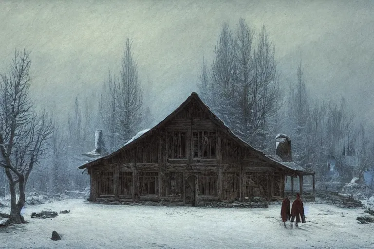 Image similar to A cloaked wanderer walking by the burnt husk of a cabin in a snowy landscape, matte oil painting, fantasy, exquisitely detailed, gothic, by Caspar David Friedrich and Makoto Shinkai