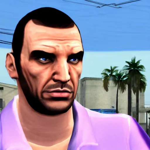 Prompt: niko bellic as a character in GTA vice city, game screenshot
