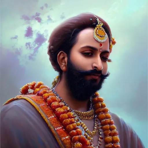 Image similar to a beautiful fine art painting of a portrait of shivaji maharaj by tom bagshaw, greg rutkowski and artgerm, perfection!, milk bath photography, studio lighting, 35mm lens, very detailed, deep depth of field, side profile, artstation, 8K, highly coherent