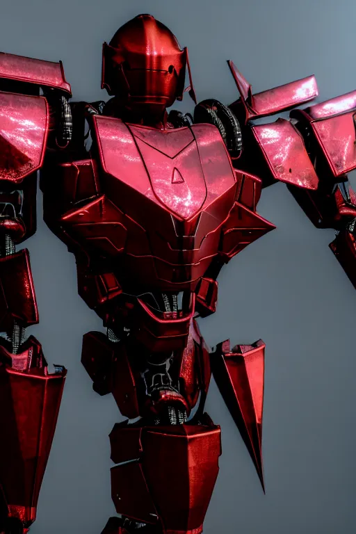 Image similar to hyper detailed 8 k cg cinematic still, rendering with volumetric lightning and ray tracing, crimson skinny full body armored core, weathering armor plating, endoekeleton exposure