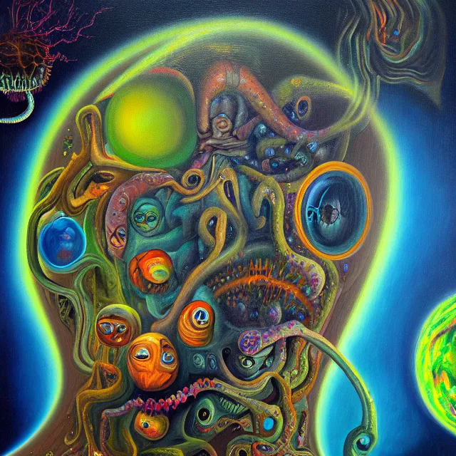 Prompt: an oil on canvas portrait painting of an acid trip, polycount, surrealism, surrealist, lovecraftian, cosmic horror, high detail