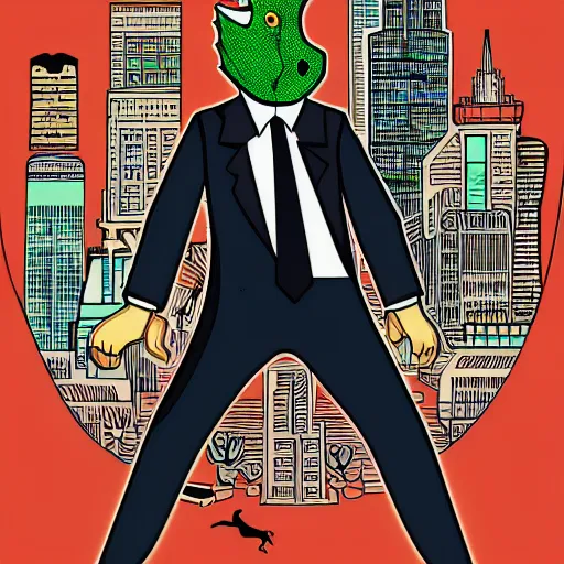 Image similar to detailed intricate colour illustration of a dinosaur wearing a business suit, comic art, cyberpunk