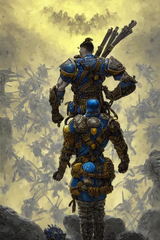 Image similar to a distant shot from behind of a Ukrainian super soldier with blue and yellow flag behind him standing alone on a huge pile of skulls as a winner, masculine muscular figure, D&D, fantasy, intricate, elegant, highly detailed, extremely detailed, digital painting, artstation, concept art, matte, sharp focus, symmetrical, illustration, art by Artgerm and Greg Rutkowski and Alphonse Mucha