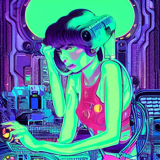 Prompt: portrait of a young mech girl with fluorescent cybernetic implants dripping in a world of neon dreams by james jean and kilian eng