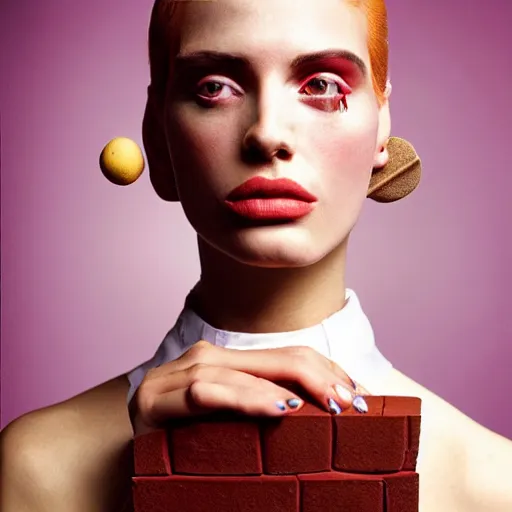 Image similar to a studio close - up portrait of a beautiful fashion model holding a brick to her ear. surreal photograph, lo - fi, polished look, silly and serious, hermes ad, fashion photography, toiletpaper magazine by pierpaolo ferrari and maurizio cattelan, 3 5 mm photograph, colourful, by pierpaolo ferrari, maurizio cattelan, david lachapelle