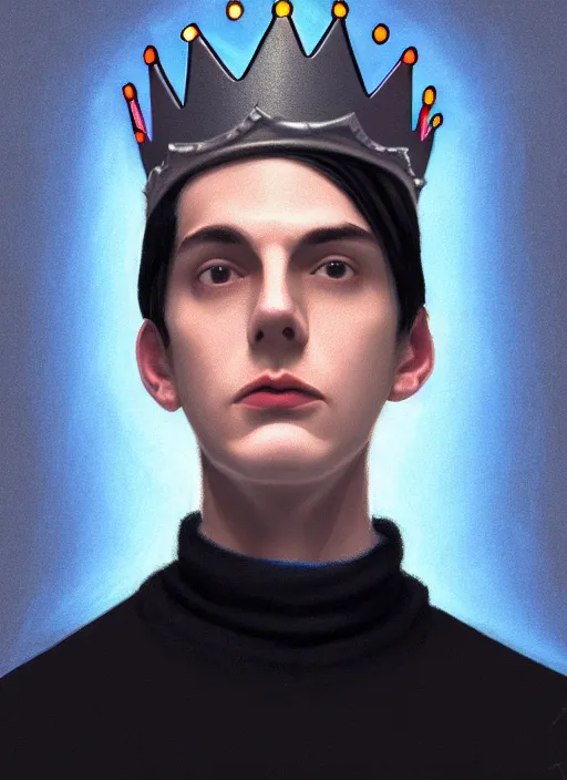 Image similar to portrait of teenage jughead jones wearing a light grey crown, crown, blue turtleneck, 1 9 5 0 s, closed eyes, photorealistic, black hair, glowing lighting, intricate, elegant, glowing lights, highly detailed, digital painting, artstation, concept art, smooth, sharp focus, illustration, art by wlop, mars ravelo and greg rutkowski