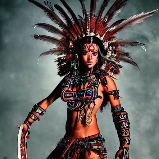 Prompt: editorial full body photo portrait of beautiful and strong aztec warrior princess souronded with the sacrifice blood, warrior body, feathers and paint, photo by mario testino, cinematic, hyper detailed, micro details, insanely detailed, trending on artstation,dark background, dramatic lighting, cinematic angle, concept art, insanely detailed and intricate