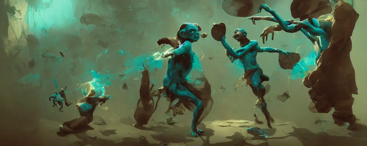 Image similar to duotone green blue illustration 3 / 4 portrait of gollum dancing and holding fish in his mouth. volumetric lighting. dynamic composition accidental renaissance golden ratio. by sachin teng and sergey kolesov and ruan jia and heng z. graffiti art, scifi, fantasy, hyper detailed. octane render. concept art. trending on artstation