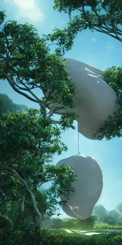 Image similar to cocoon plant technologic cotton - shaped house on a alien planet, by pixar, smooth, cinematic, wet reflections, ray tracing x, rtx, smooth