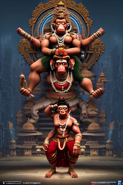 Image similar to high quality 3 d render post - rococo cyberpunk hanuman! head shri ram centre, madhubani, highly detailed, morning in sci - fi new delhi, cinematic smooth unreal engine, lee madgwick & liam wong, dramatic light, long shot, low angle, uhd 8 k, sharp focus