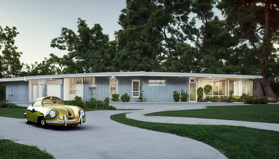 Prompt: EICHLER home, 1950s, by Asher Durand. driveway, PORSCHE 356, intricate artwork, octane render, cinematic, hyper realism, golden hour, octane render, 8k, depth of field, bokeh. iridescent accents, vibrant.-H 704