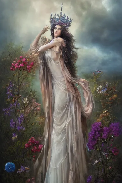 Image similar to fine art photo of the beauty goddess catriona balfe, she is wearing a mystical long gown she has a crown of stunning flowers and gemstones, background full of stormy clouds, by peter mohrbacher