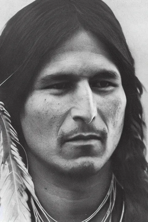 Prompt: Photo of Native American indian man Steve Jobs, portrait, skilled warrior of the Apache, ancient, realistic, detailed, Emma Watson