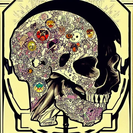 Prompt: anime manga astronaut skull portrait profile skeleton by Alphonse Mucha and Takashi Murakami Joshua Davis generative pop art nouveau