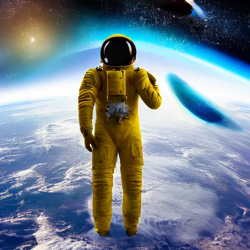 Image similar to astronaut in space, galactic background reflections on suit on one side and a yellow planet on the other side