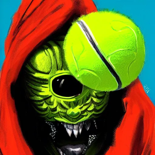 Image similar to a tennis ball monster wearing a balaclava and jewelry , digital art, fantasy, magic, trending on artstation, ultra detailed, professional illustration by Basil Gogos