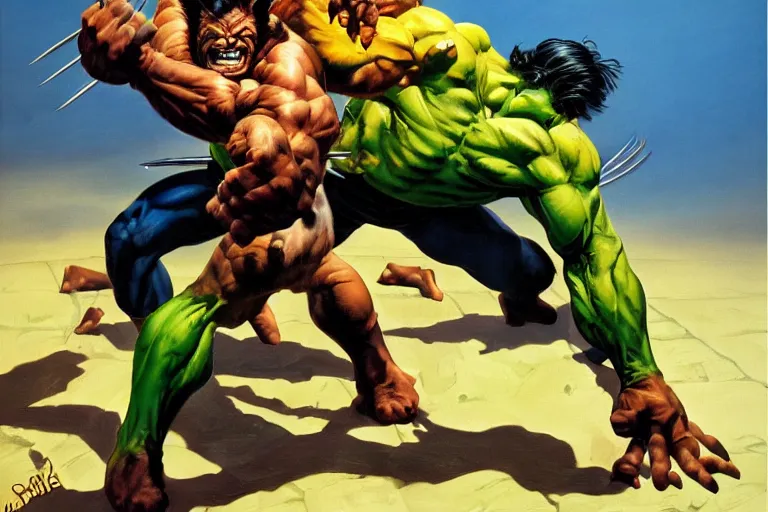 Image similar to Wolverine fighting the Hulk by Frank Frazetta and by Joe Jusko and by Alex Ross, oil painting, detailed, proportional, trending on art station, 4k