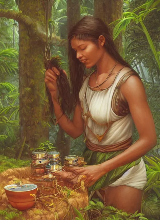 Prompt: a beautiful indigenous woman preparing plant medicines in the jungle, art by christophe vacher