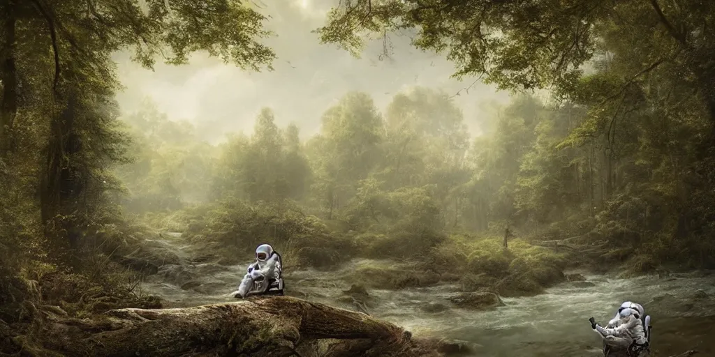 Image similar to an astronaut sitting on a fallen tree by a river in a forest, a detailed matte painting by frieke janssens, featured on cgsociety, fantasy art, matte painting, reimagined by industrial light and magic, matte drawing