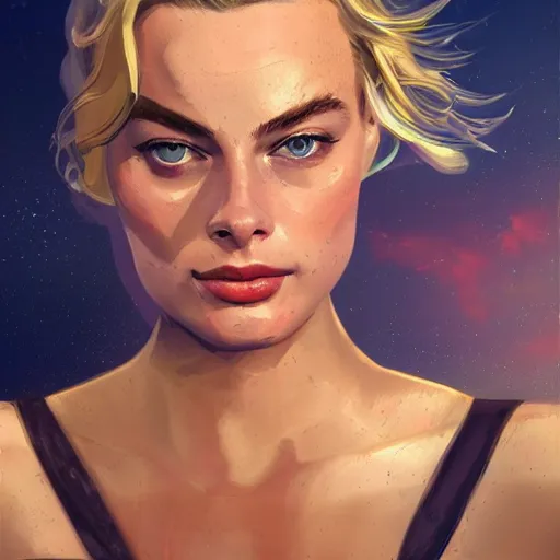 Prompt: margot robbie as a beautiful greek god in the sky, highly detailed, sexy look, detailed face, digital art, trending on artstation