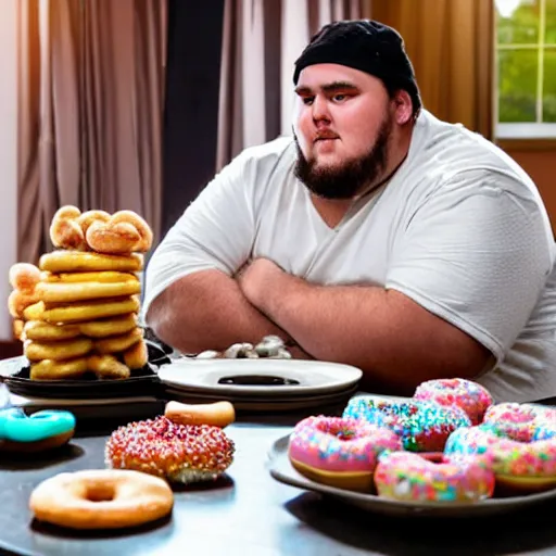 Prompt: big fat guy sitting at a dirty table with too many donuts on his plate