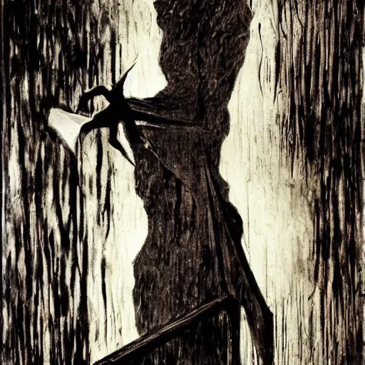 Prompt: The horror in the shadows is my love, impressionism, burnt paper, sharp contrast by Dave McKean and Lucien Clergue