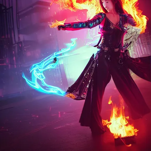 Prompt: a girl like yoona, casting fire spell, background cyberpunk city, full shot, photo, geometries, fibonacci volumetric lighting, epic composition, intricate details, dark neon punk, by KDA